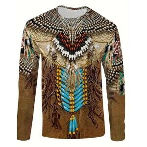T Shirt Men Sz 2XL Brown Aztec Graphic Print Fashion Long Sleeve Tee Shipped USA